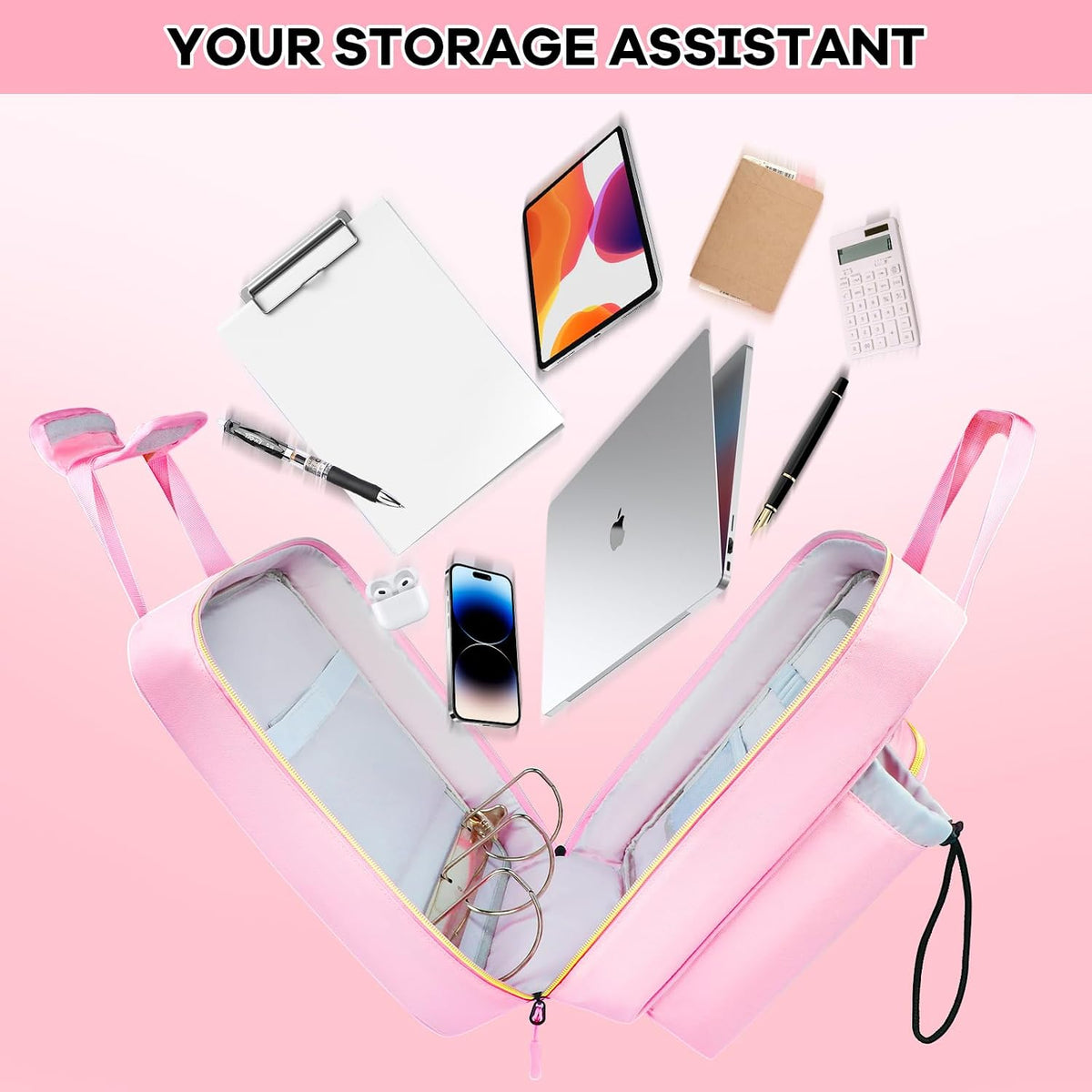 3 Inch D-Ring Zipper Binder Bag, 700 Sheet Capacity Multi-Pockets Organizer, 13 Inch Laptop Carrying Case with Bottle Holder& Shoulder Strap for School Office (Pink)