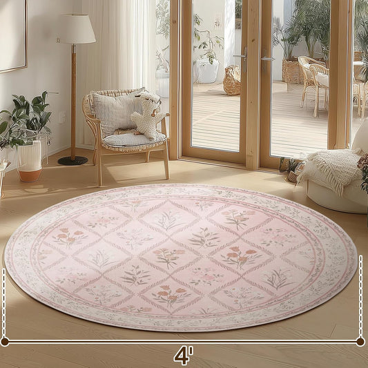 4 Ft Machine Washable Pink Floral Round Rug, Non-Slip, Pink