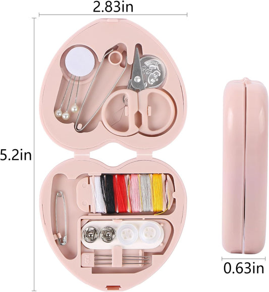 Heart Shaped Portable Travel Sewing Repair Kit - Mini Box with Threads, Scissors, DIY Hand Sewing Needles, Pink