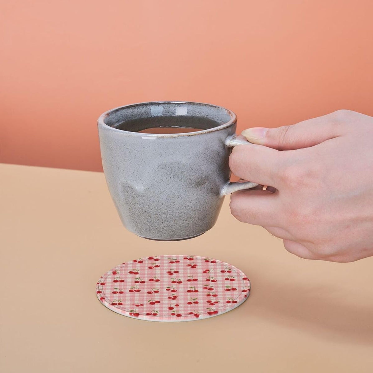 6 Pack Cherry Pink Gingham Leather Coasters with Holder–Cute Country Heat Resistant Drink Coasters Set for Coffee Wine Kitchen Office Bar Table Decor,Round