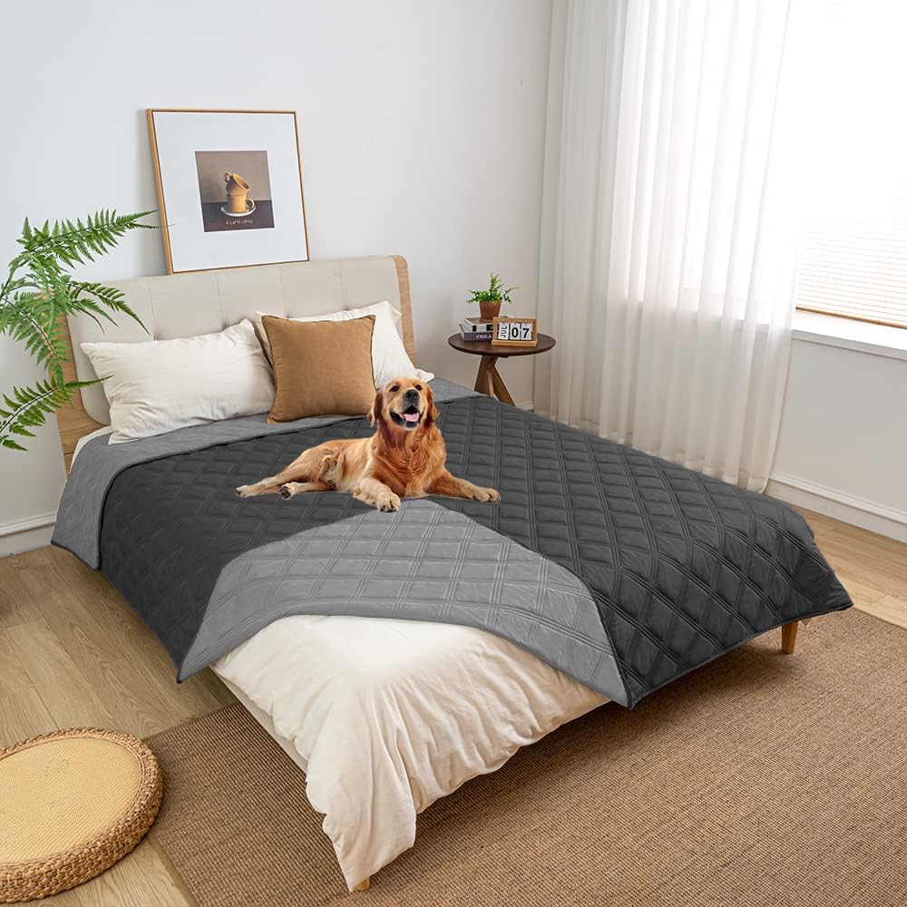 fuguitex Waterproof Dog Blanket Reversible for Small Dogs Resistant Leakproof Washable Couch Cushion Bed Protector Cover for Indoor Furniture Pet Friendly(52"*82",Dark Grey+Grey
