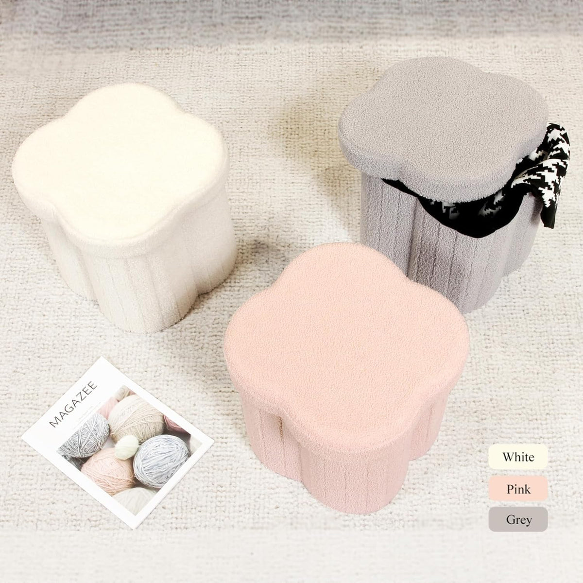 Storage Ottoman Cube, Flowers Shaped Ottomans with Storage Foot Stool Footrest for Lving Room, Boucle Ottoman Seat for Dorm Room,Faux Teddy Fur, Pink 12.6"x12.6"x12.6"
