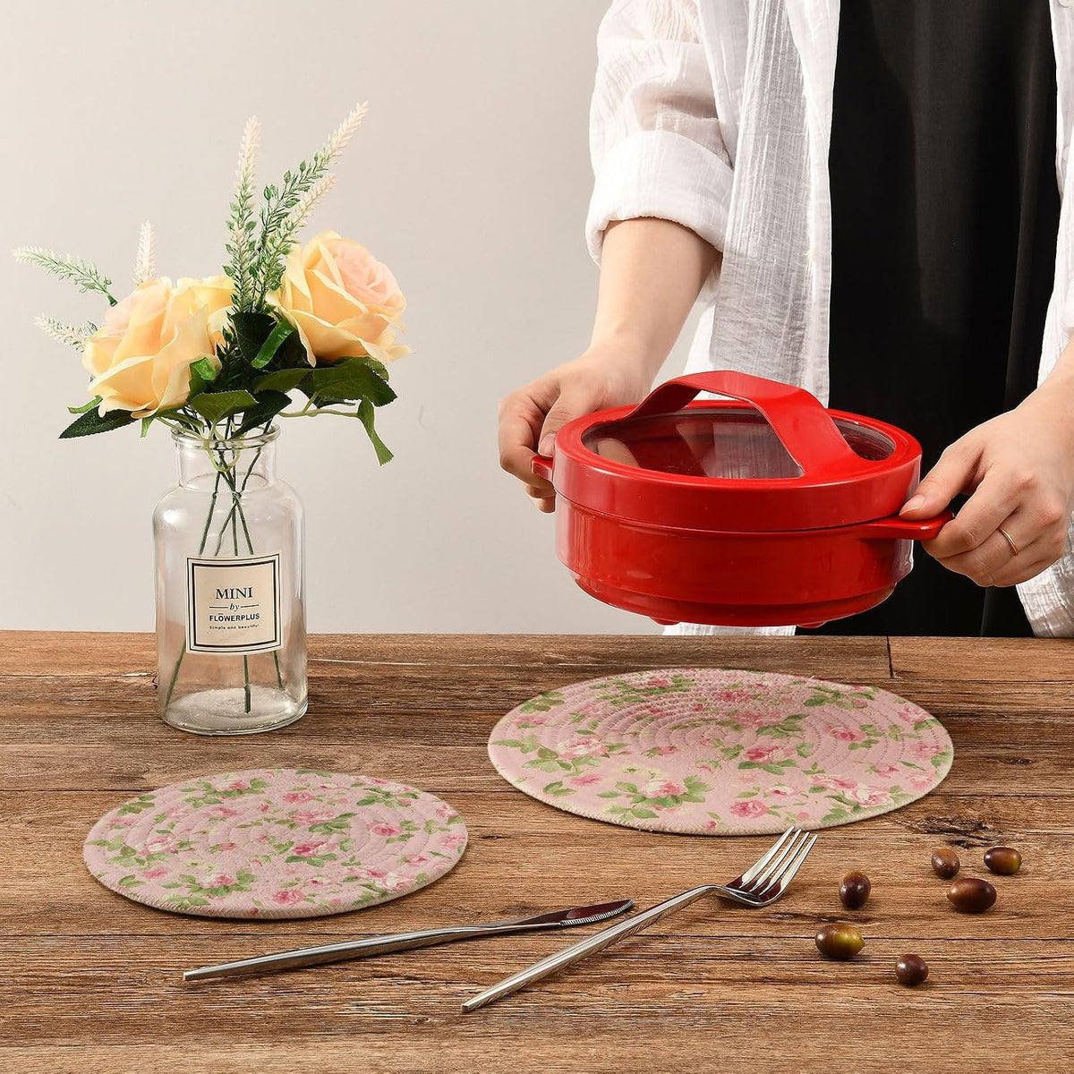 Pink Rose Pattern Pot Holders Trivets Set 2 Pcs Cotton Hot Potholders Hot Pad for Cooking