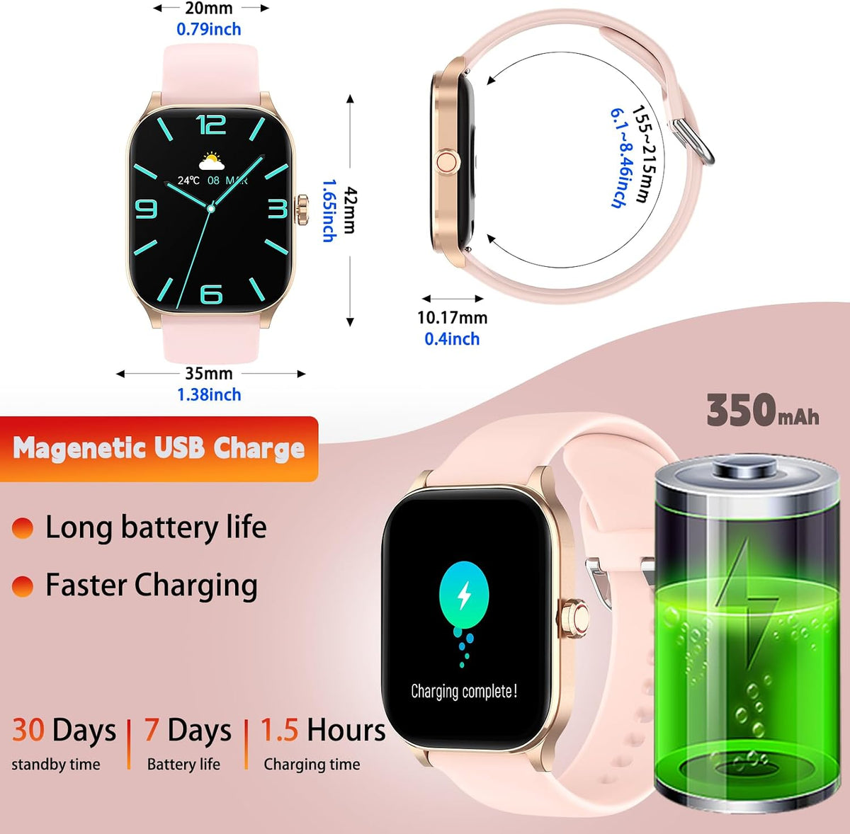 Smart Watch for Women Men(Answer/Make Call), Smartwatches with Heart Rate/SpO2/Sleep/Stress Monitor, IP68 Waterproof Activity Tracker for Android iPhone, 100+ Sports Fitness Watches (Pink, 1.85“)