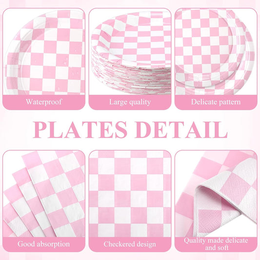 452 Pcs Light Pink and White Gingham Party Supplies for 50, Pink Checkered Gingham Paper Plates Napkins Cups Tablecloth Cutlery Straws for Picnic Camping Birthday Baby Shower Decoration