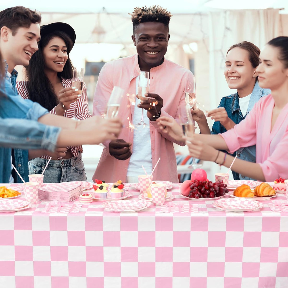 452 Pcs Light Pink and White Gingham Party Supplies for 50, Pink Checkered Gingham Paper Plates Napkins Cups Tablecloth Cutlery Straws for Picnic Camping Birthday Baby Shower Decoration