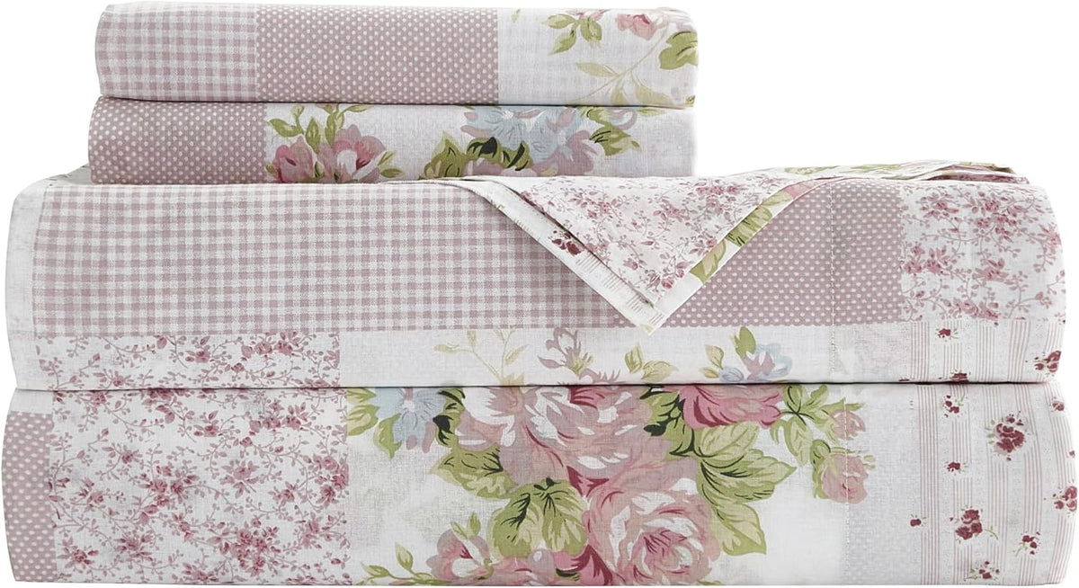 Rosy 4-Piece Floral Patchwork Cotton Sheet Set Queen - Ivory Green Pink Flower Polka Dot Floral Patchwork Printed 100% Cotton Bed Sheets