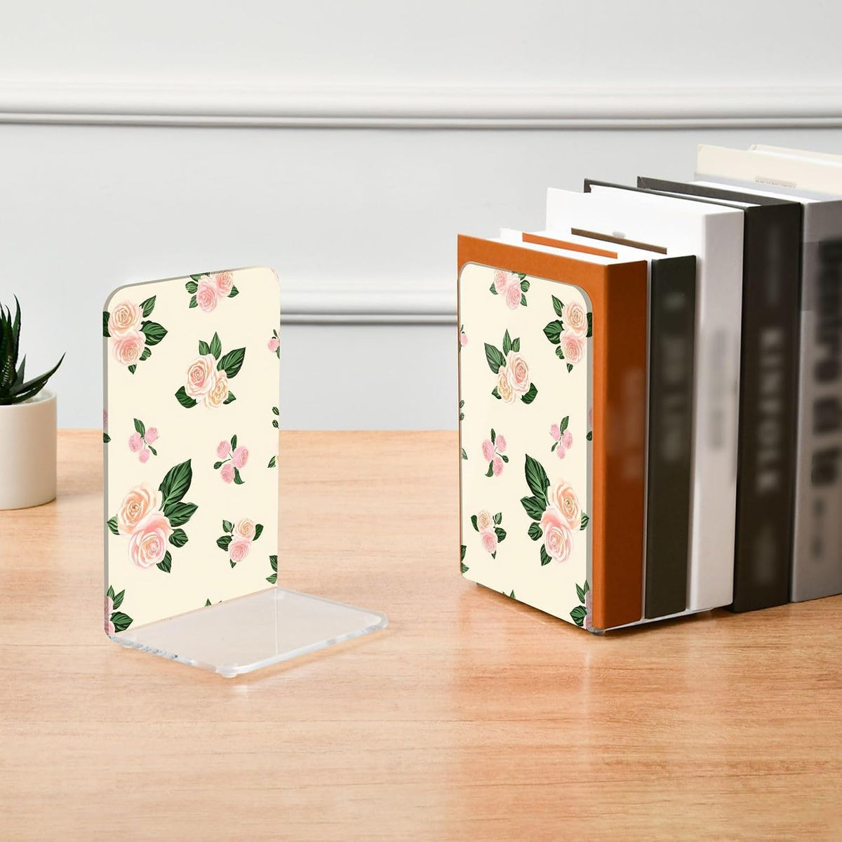 Light Pink Flowers Acrylic Bookends Book Holder for Shelves 5.4 x 4.1 x 8.1 Inch Height Sturdy Bookends Magazine Holder for Home Office Desk Storage 2 Pack