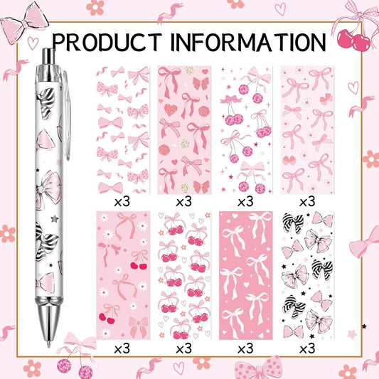 Pink Bow Ballpoint Pens - 24 Pcs Cute Retractable Party Favors