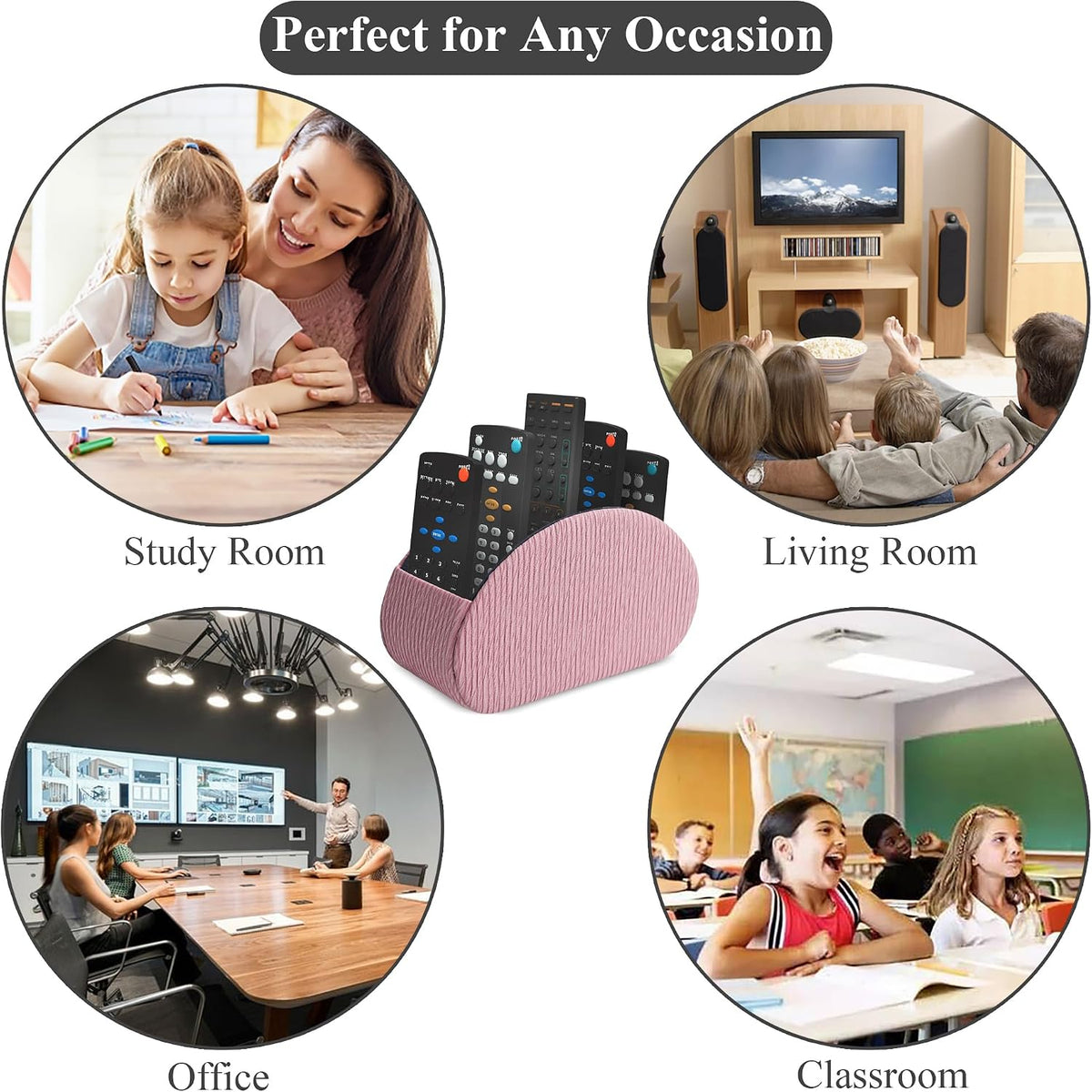 Remote Control Holder, PU Leather Remote Caddy Desktop Organizer with 5 Spacious Compartments for TV Remotes/Media Controllers/Office Supplies (1-Wood Pink