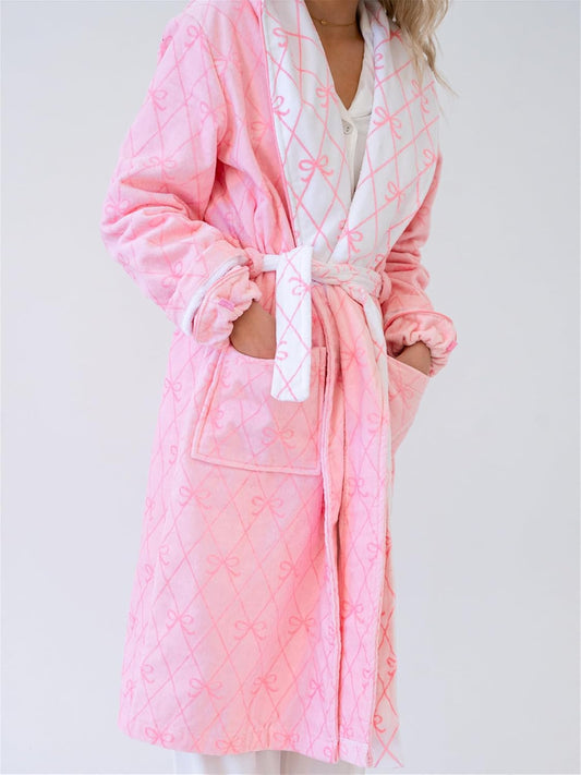 Women Valentine Plush Robe Cute Bow Heart Long Sleeve Shawl Collar Belted Fuzzy Bathrobe Holiday Soft Warm Loungewear