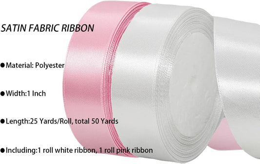 2 Rolls Pink White Ribbon, 1 Inch x 50 Yards Satin Pink Fabric Ribbon for Flower Bouquets, Gift Wrapping, DIY Crafts, Birthday Cakes, Holiday, Wedding Party and Mother’s Day Decorations
