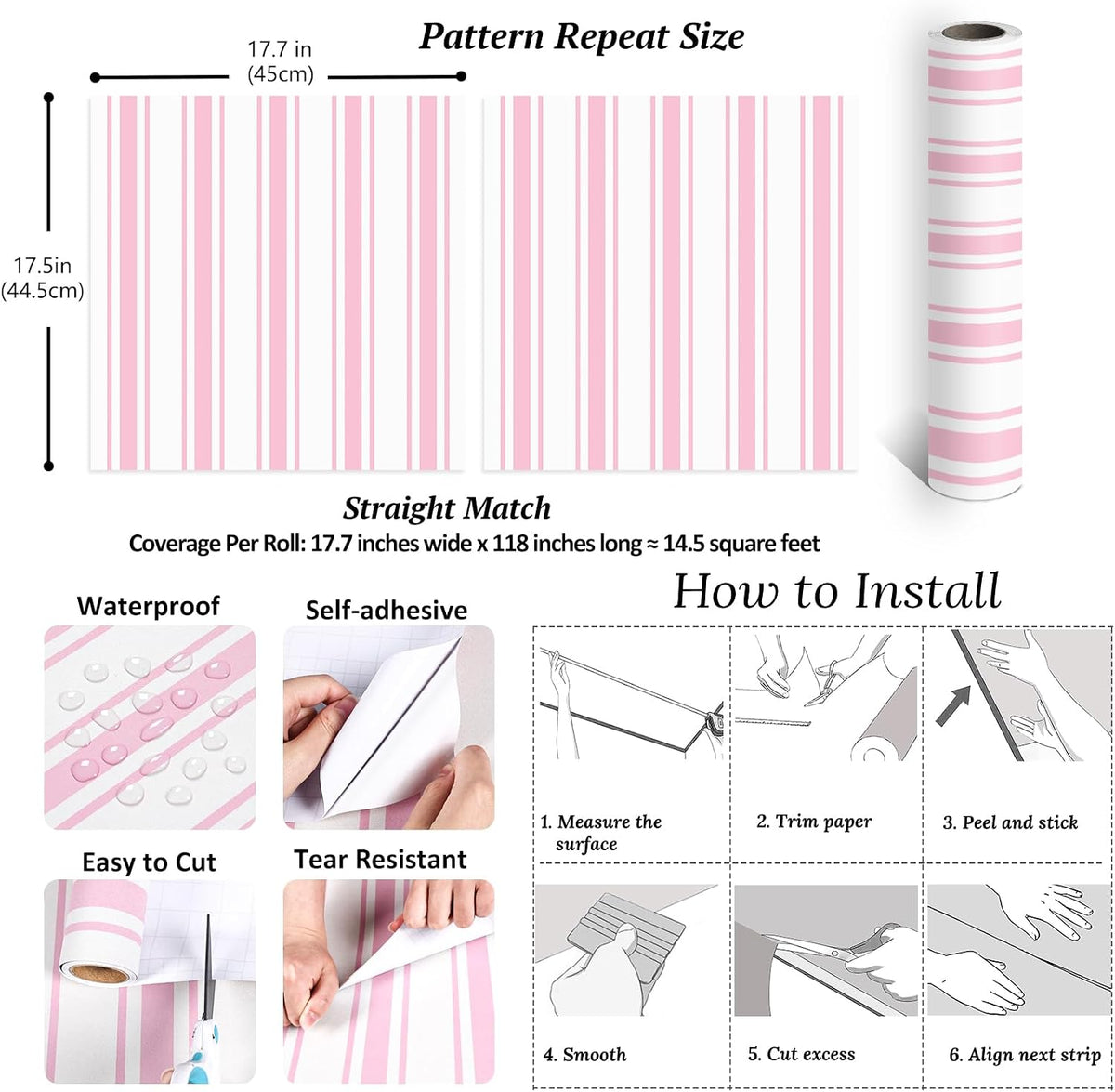 Pink Striped Wallpaper Peel and Stick Preppy Pink Stripe Contact Paper for Cabinets Accent Walls Nursery 17.7''x118'' Removable Self Adhesive Striped Geometric Wallpaper for Bedroom Girls Room