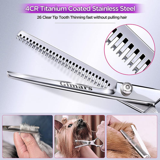 Professional 4CR Stainless Steel 6 in 1 Grooming Scissors for Dogs with Safety Round Tip, Heavy Duty Titanium Coated Pet Grooming Scissor for Dogs, Cats and Other Animals
