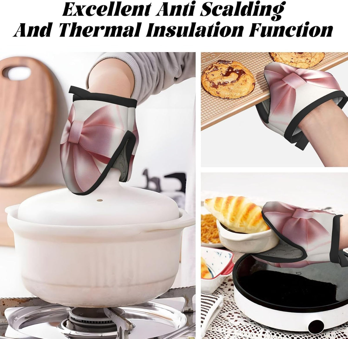 Pink Bow Mini Oven Mitts Non-Slip Silicone Grips Heat Resistant Kitchen Gloves for Cooking & Baking 5.9"x5.9"