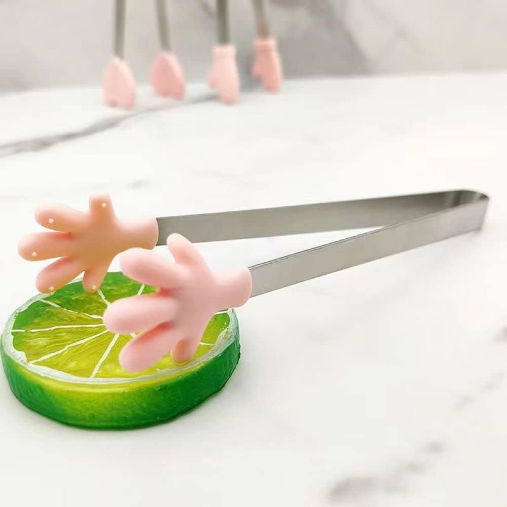 6 Pack Mini Dessert Tongs Stainless Ice Cube Clip Pink Hand Heart Glove Shape Small Non-Slip Silicone Baking Bread Tong Clips for Kids BBQ Salad Candy Sugar Kitchen Tools Food Serving Utensil