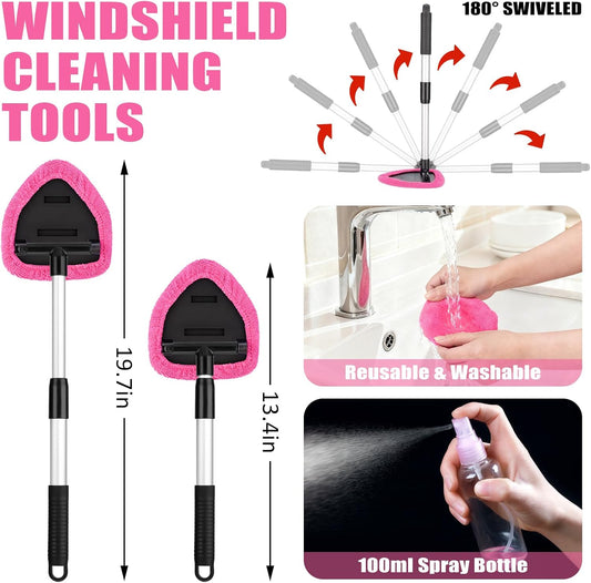 Windshield Cleaner Tool, 17Pcs Car Interior Detailing Kit, Detailing Brush, Towels, Duster, Car Cleaning Kit Interior for RVs, Truck, Trailer (Pink)