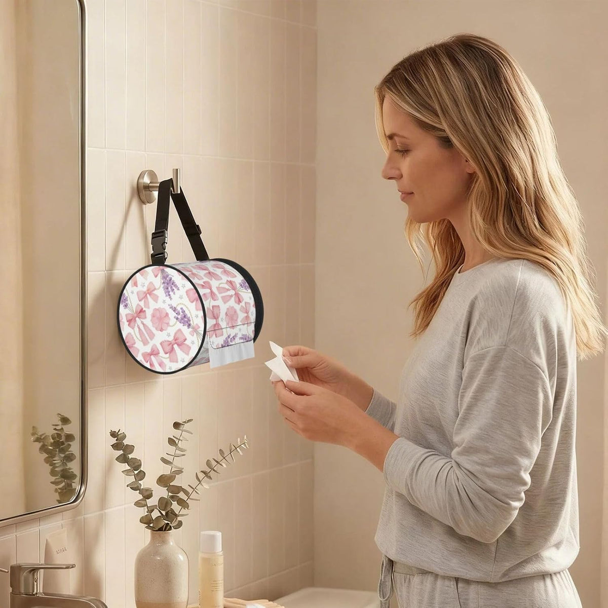 Round Tissue Holder Bag Car Hanging Tissue Boxes Cover with Adjustable Strap Foldable Roll Storage Bags with Zipper Tissues Case Organizer for Home Decor Toilet Office(Lavender Pink Bow)