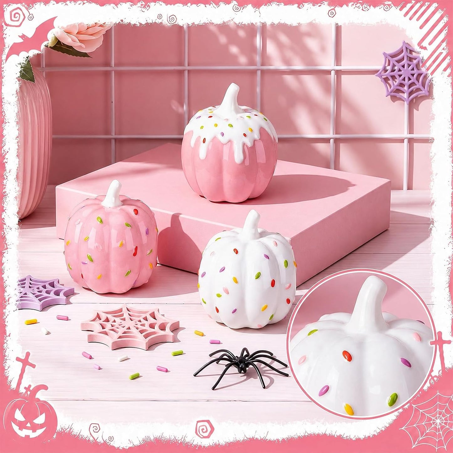 3 Pcs Pink Halloween Decor Pastel Ceramic Pumpkins Centerpieces
