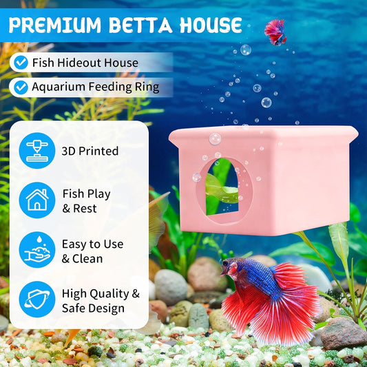 Floating Betta Fish Hammock Cave House for Aquarium, 3D Printed Betta Shrimp Feeder & Hideout Cave Toys, Small Aquarium Feeding Ring Decor, Turtle Fish Tank Decorations Accessories -Pink