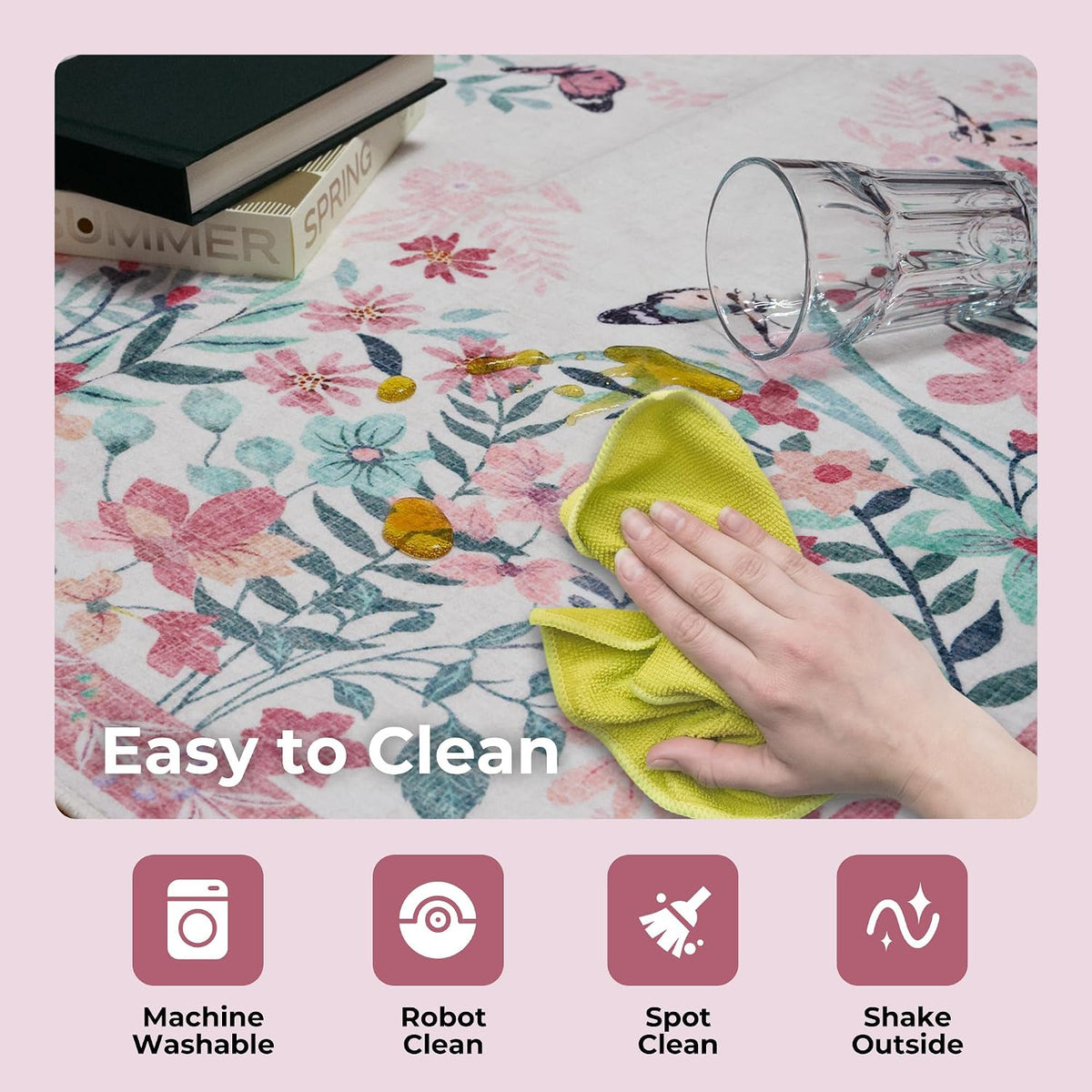 4x6 Area Rug Pink Pastel, Floral Rugs for Living Room, Lightweight Non Slip Washable Rug, Indoor Low Pile Boho Design Rugs for Bedroom Living Room Dining Room Pink Pastel
