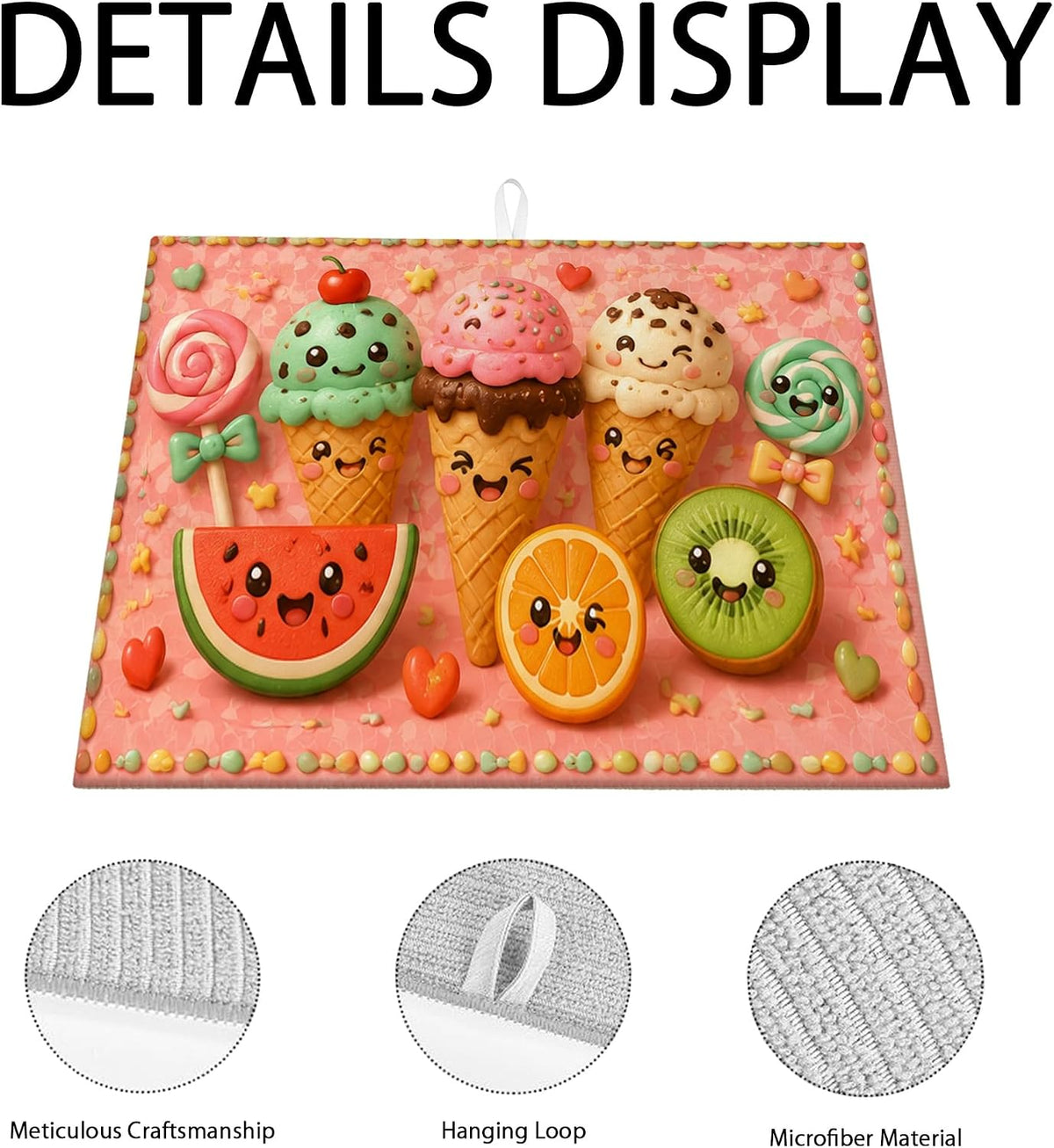 Cute Ice Cream Dish Drying Mats for Kitchen Counter, Peach Playful Cartoon Absorbent Dish Drainer Rack Mat, Summer Microfiber Drying Pad for Coffee Bar Protector 16x18 Inch