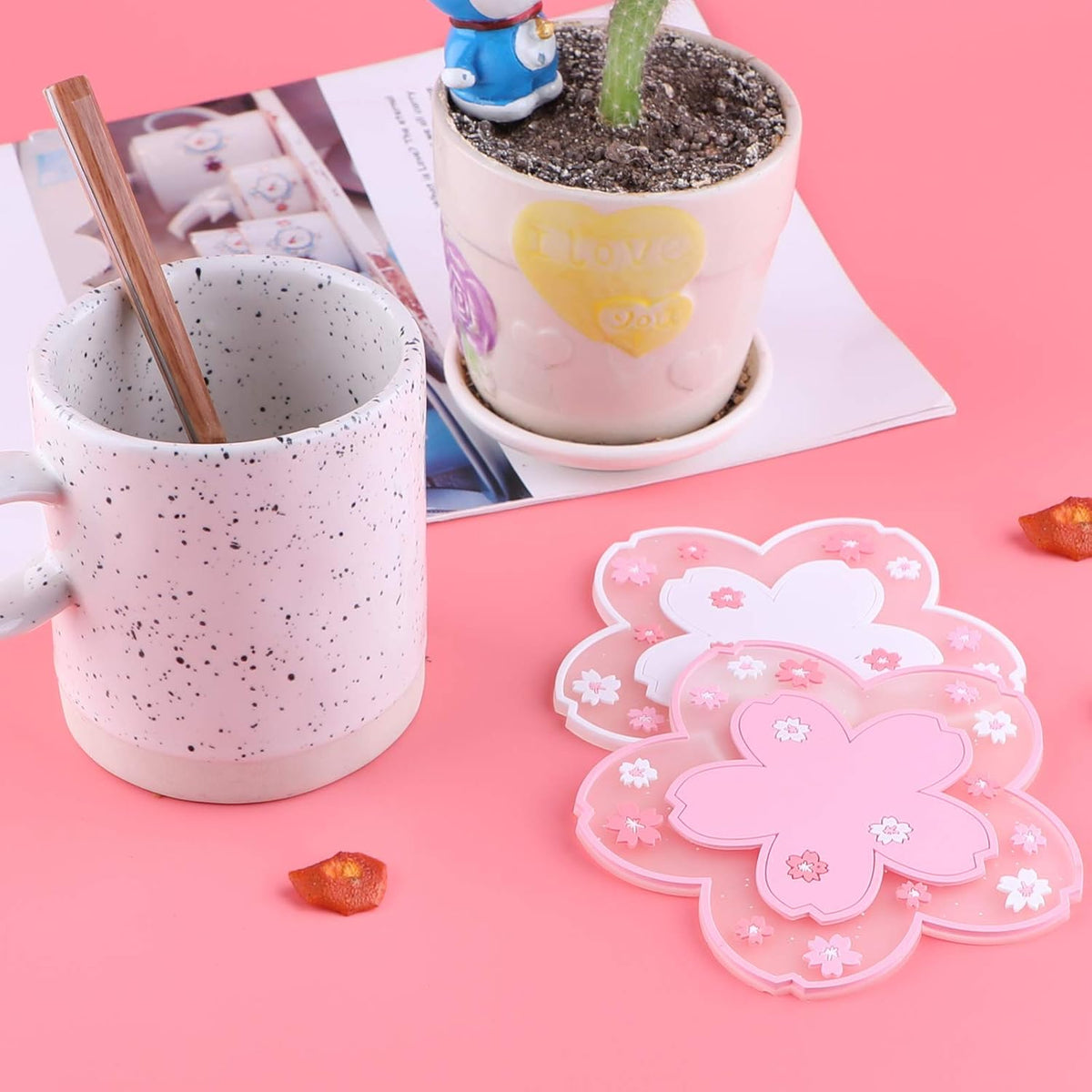 2 Pcs Sakura Coasters Cherry Blossom Coasters Blossom Cup Mats Cup Pads for Coffee Table, Restaurants, Hotels, Offices, Home, Coffee Shops(White and Pink)