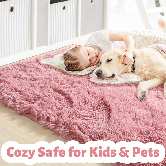 Blush Pink Shaggy Small Area Rug 3x5 for Girls Bedroom Kids Room