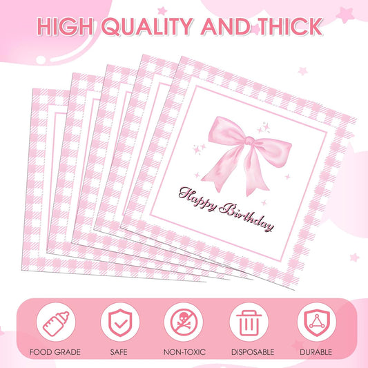 40 Pack Bow Napkins 6.5x6.5 Inch Coquette Bachelorette Pink Gingham Disposable Napkins, Perfect for Party, Bridal Shower, Tea Party & Easter