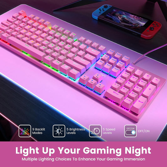 Mechanical Gaming Keyboard, Wired RGB 104 Keys, Blue Switch, Pink