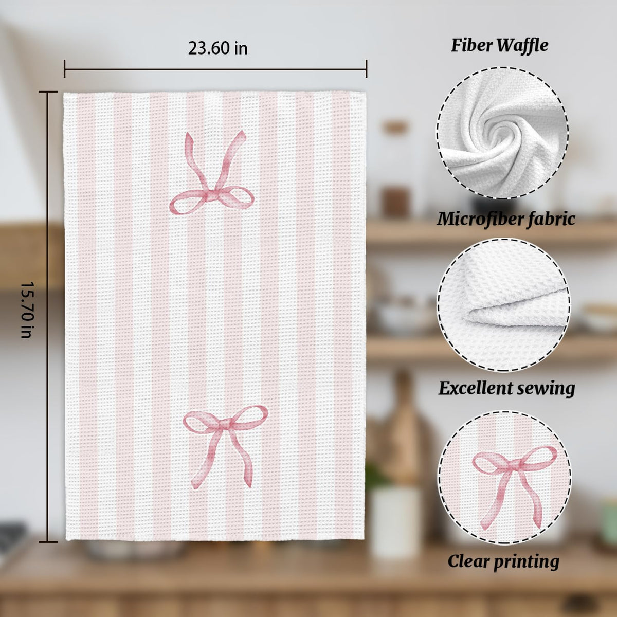 Coquette Bow Pink Striped Kitchen Towels, Preppy Aesthetic Pink Dish Tea Towels for Kitchen Decor, Preppy Bow Hand Towels for Bathroom, Coquette Girly Bathroom Decor, 16x24 Inch