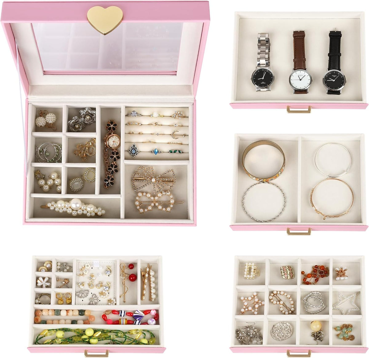 Jewelry Box, 5-Layer Jewelry Organizer Box with Glass Lid, Pink, Heart Shaped PU Leather, Storage Box for Necklace Earrings Rings Bracelets, Gift Idea for Girls LJC4DRPK