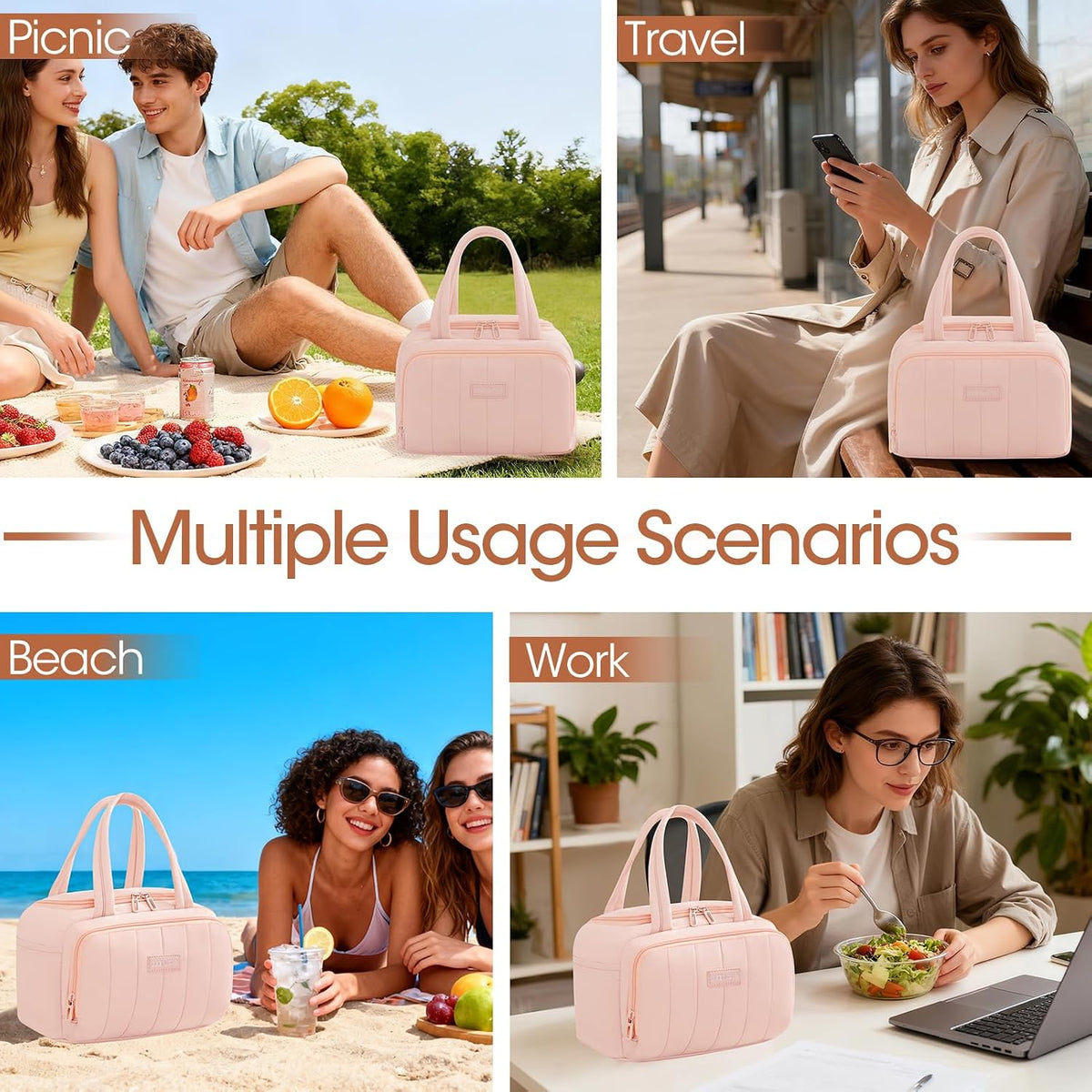 Lunch Box for Women 7L Soft Insulated Lunch Bag Reusable Leakproof Lunch Cooler for Work Meal Picnic Hiking Camping Pink