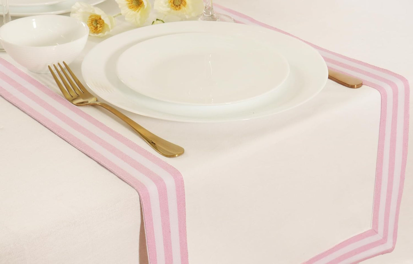 Stripe - Cloth Napkins (18 x 18 Inch Set of 6) and Table Runner (14 x 72 Inch Set of 1) - 100% Cotton - Blush Pink