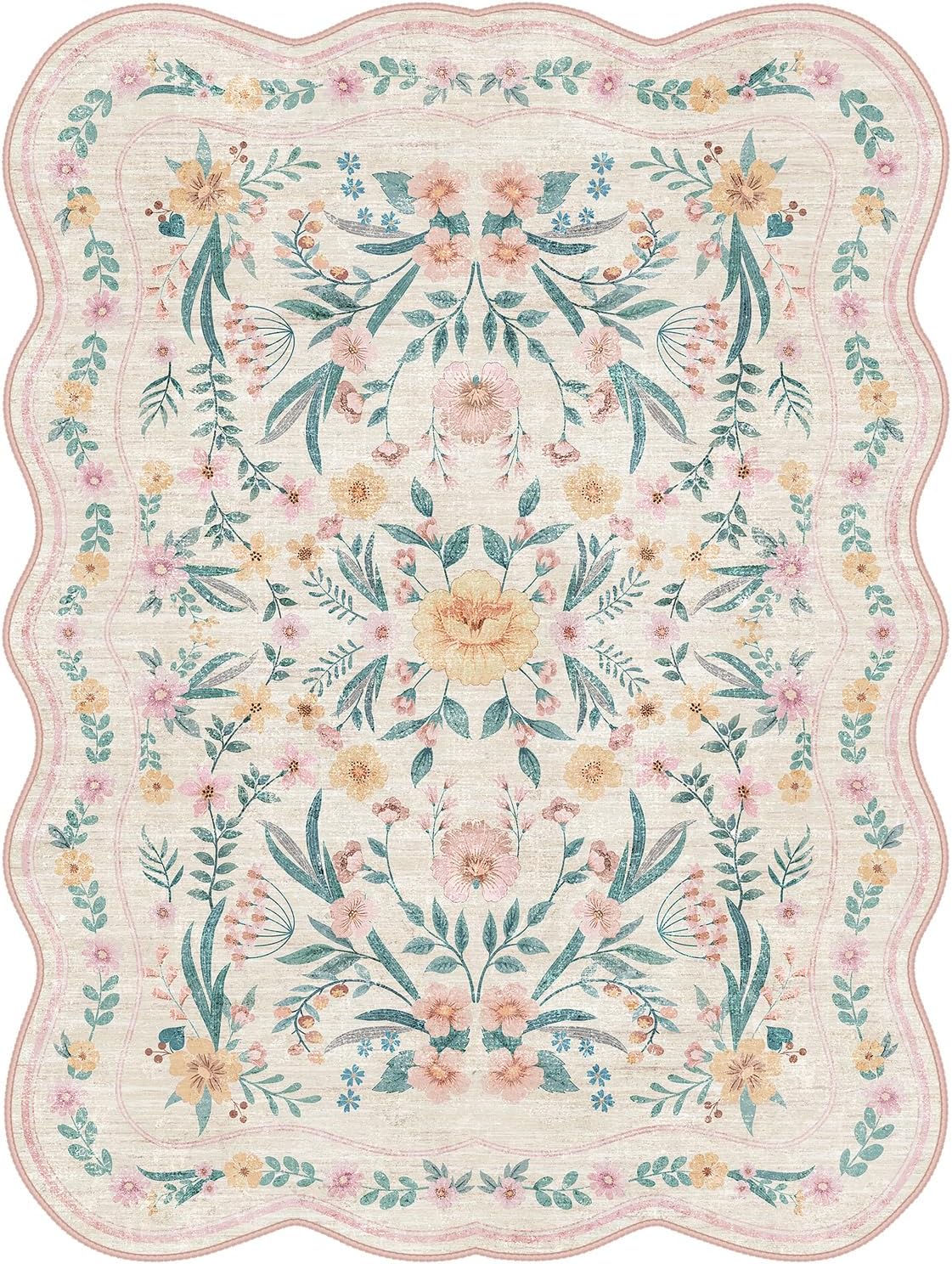 Scalloped Pink Floral Rug 6x9, Washable Soft Faux Wool Area Rug for Living Room, Cute Boho Non-Slip Carpet for Kids Room, Nursery, Bedroom or Office