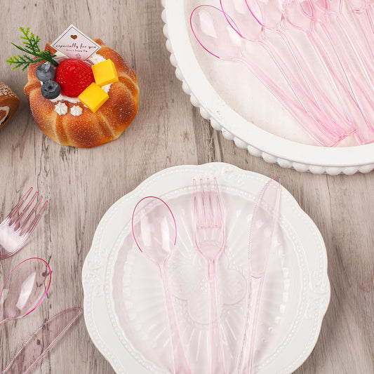 300 Piece Disposable Clear Pink Utensil Set Plastic Silverware Heavy Duty Cutlery Set Serves 100 Guests Forks Knives Spoons for Home Wedding Birthday Party Picnics Bride Shower Outdoor Events
