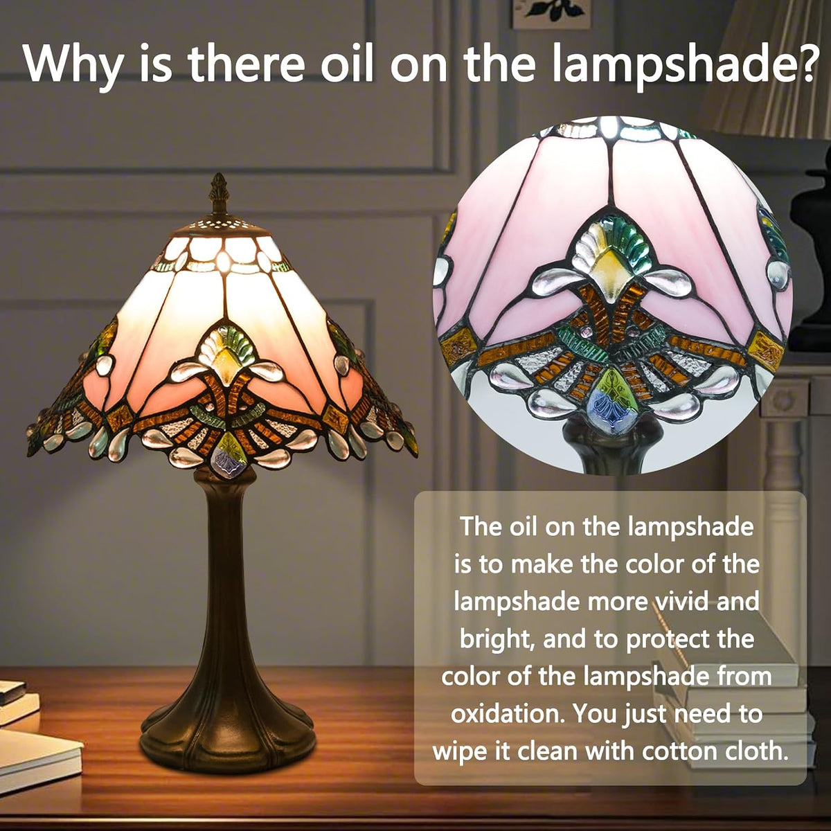 12 inch Tiffany Table Lamp, Pink Baroque Style Stained Glass Lamp