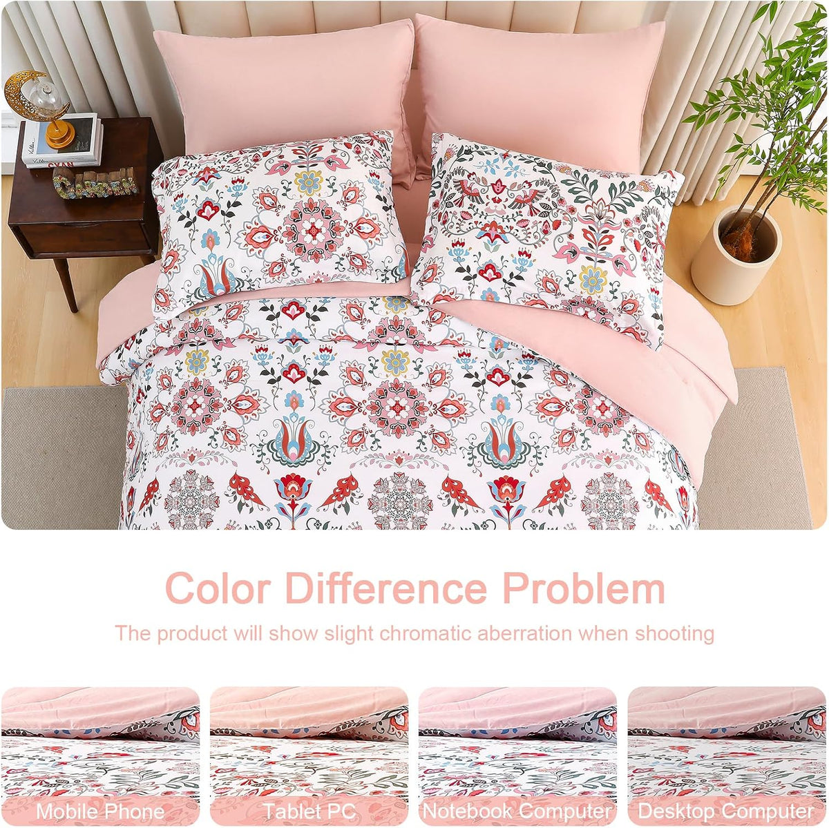 Boho Comforter Set Queen - 7 Pieces Bed in a Bag Floral Design, Bohemian Comforter Set with Sheets, Soft Microfiber Complete Bedding Sets All Season (Light Pink, Queen)