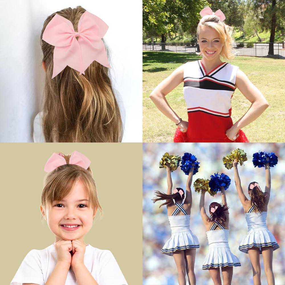 Large 8 Inch Light Pink Cheer Bows for Cheerleaders Hair Bows for Girls Softball Teen Girls College Sports Elastic Ponytail Holder School Cheerleading Hair Accessories 2 Count