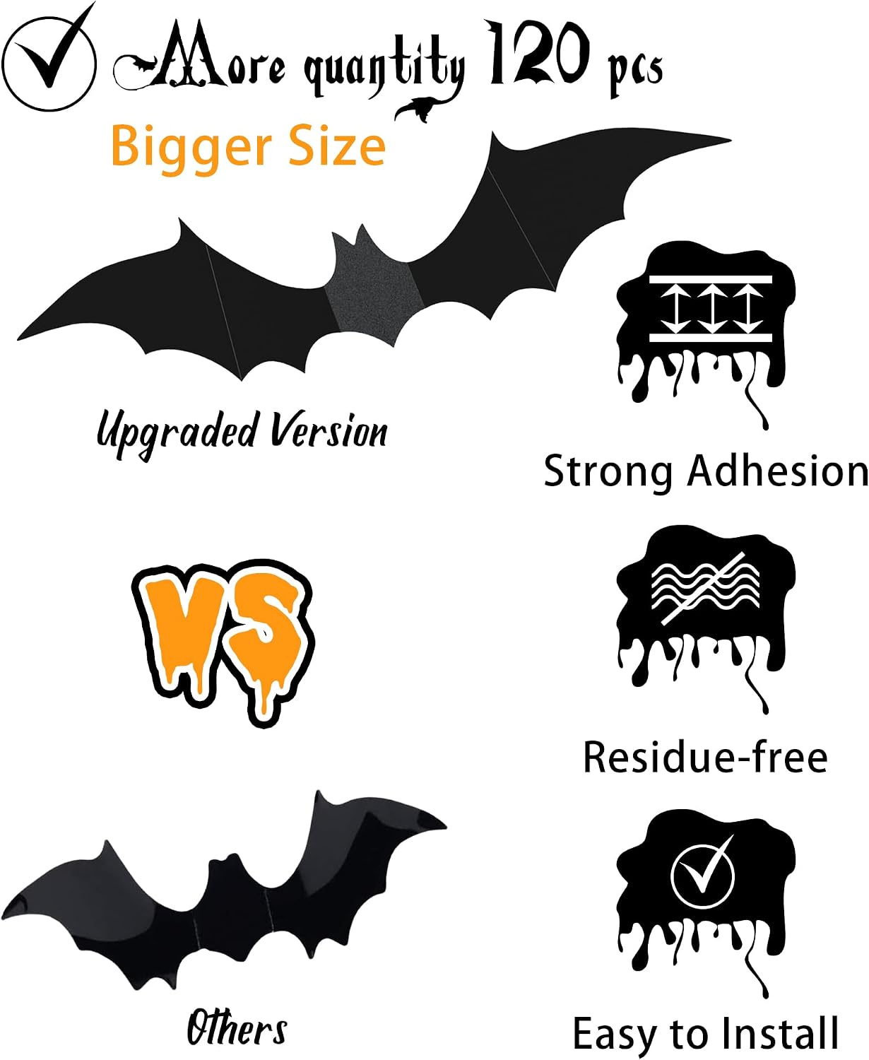 120 Pcs 3D Halloween Decorations Bats Decor,5 Sizes Bats Wall Decor Indoor