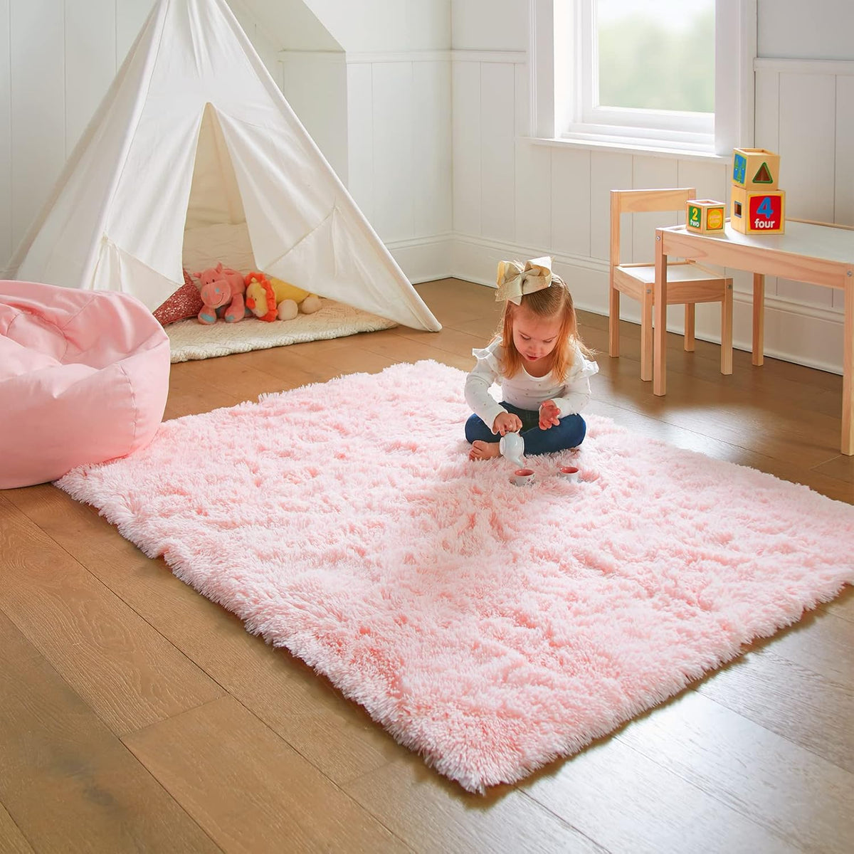 Pink Rug for Bedroom Girls, Kids Fluffy Kawaii Fuzzy Furry Shag Area Rug, Cute Plush Soft Shaggy Bedside Indoor Floor 4x6 Carpet for Teen Nursery Dorm Home Room Decor Aesthetic
