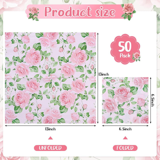 NatNarr 50 Pcs Pink Floral Napkins, 6.5 x 6.5 Inch Watercolor Pink Rose Napkins Vintage Flower Tea Party Napkins for Spring, Garden Party, Decoupage