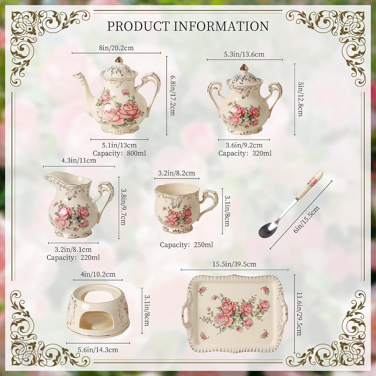 Ceramic Tea Set, 4 Cups and Spoons, One Sugar Bowl, One Milk Kettle, One Storage and Removeable Tray, for Home Party or Wedding Service, Pink Rose