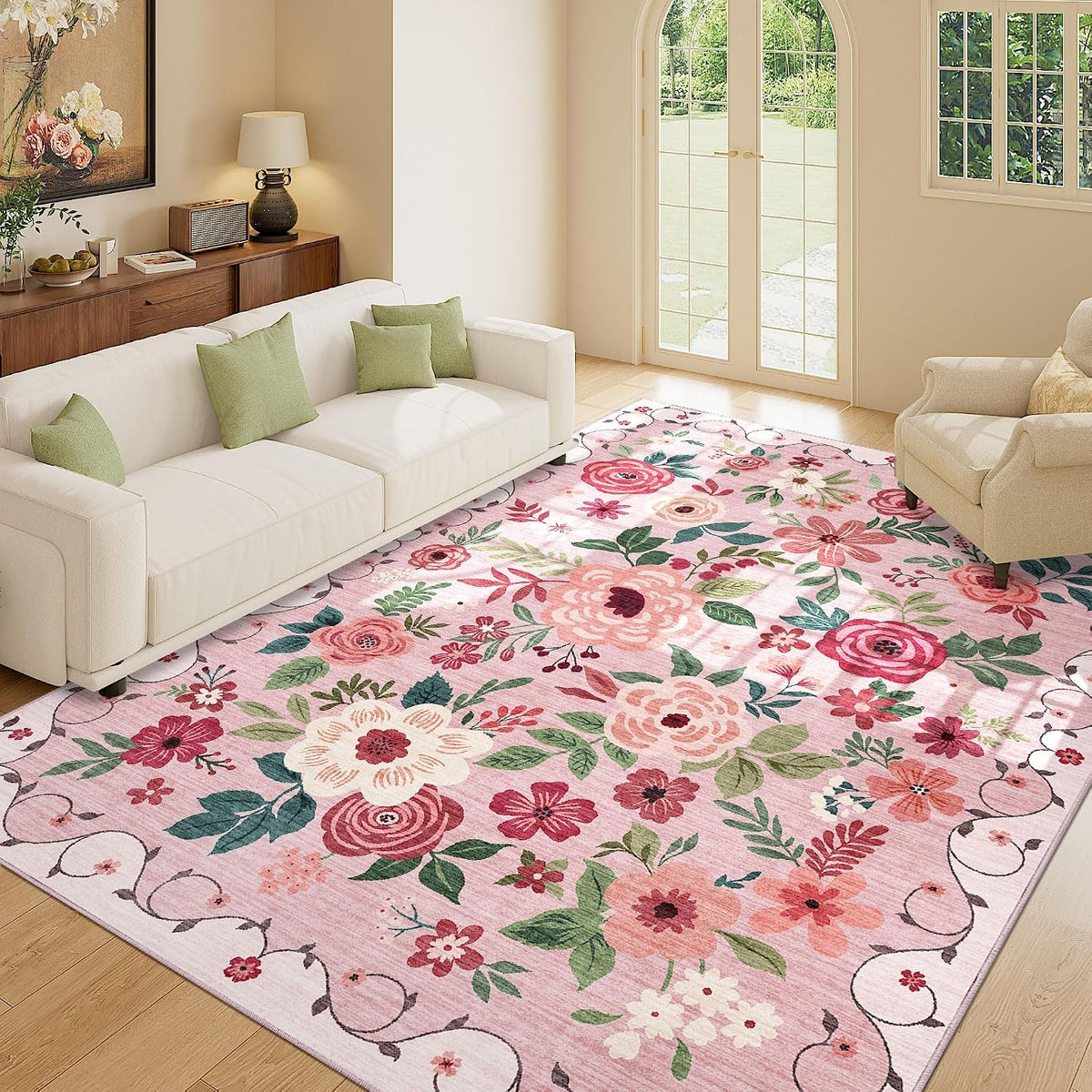 5x7 Area Rugs, Floral Washable Rug for Living Room Non Slip, Pink