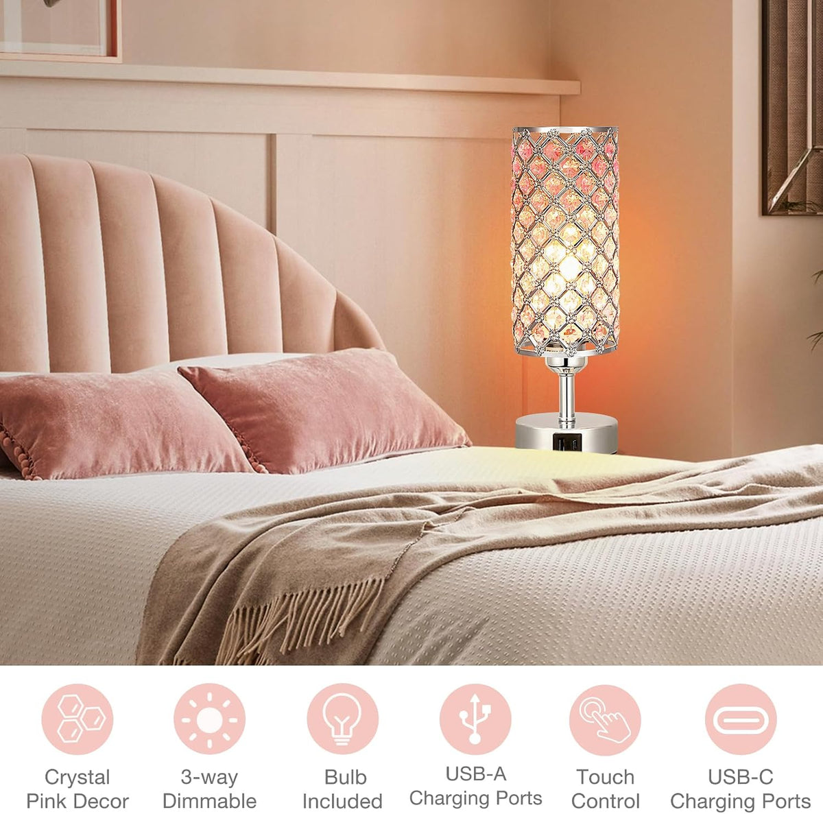 Pink Crystal Touch Lamp with USB C+A, 3-Way Dimmable Bedside Lamp