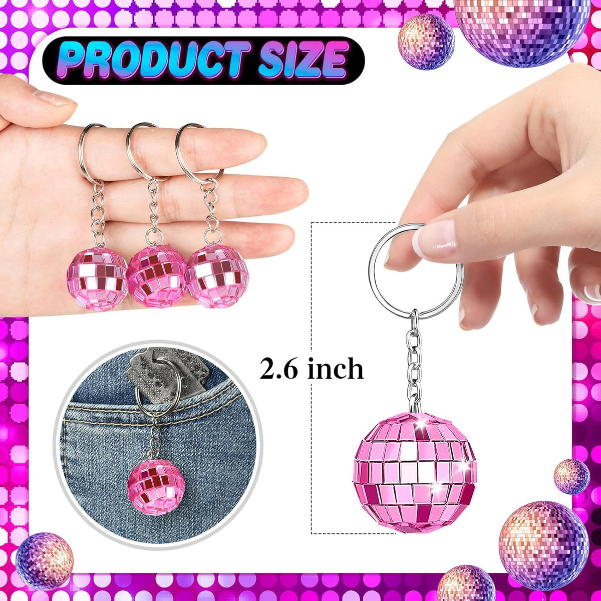 25Pcs Mini Pink Disco Ball Keychain Bulk