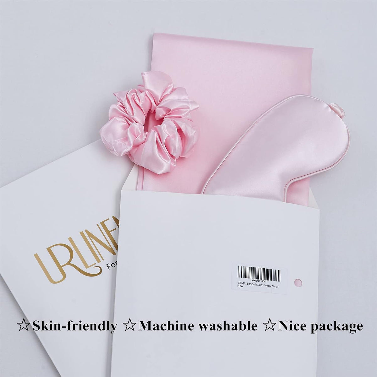 Pink Satin Pillowcase 2 Pack Standard Size with 1 Eye Mask 1 Scrunchie