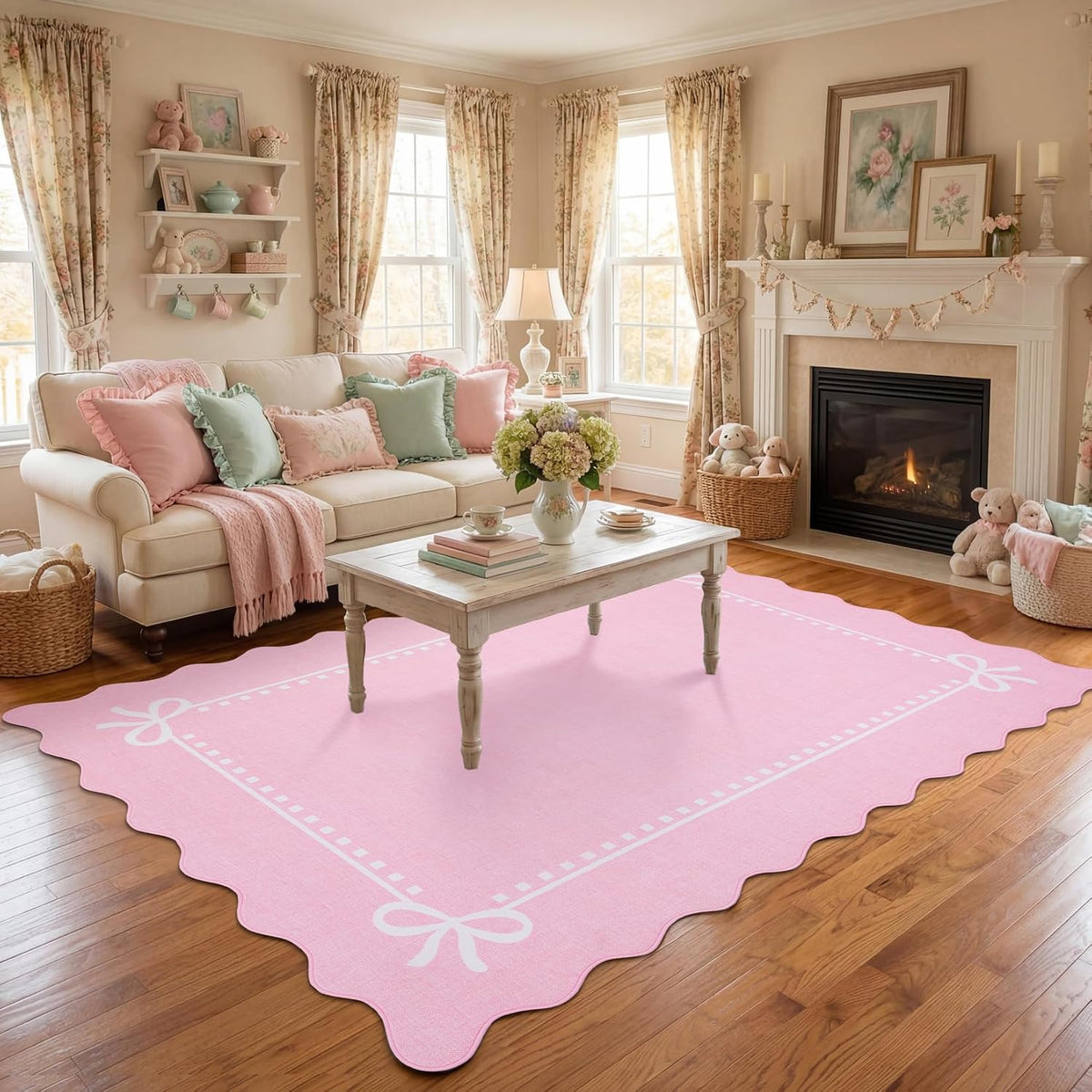 Scalloped Bow Rug for Living Room Washable Solid Pink 6x9 Area Rugs