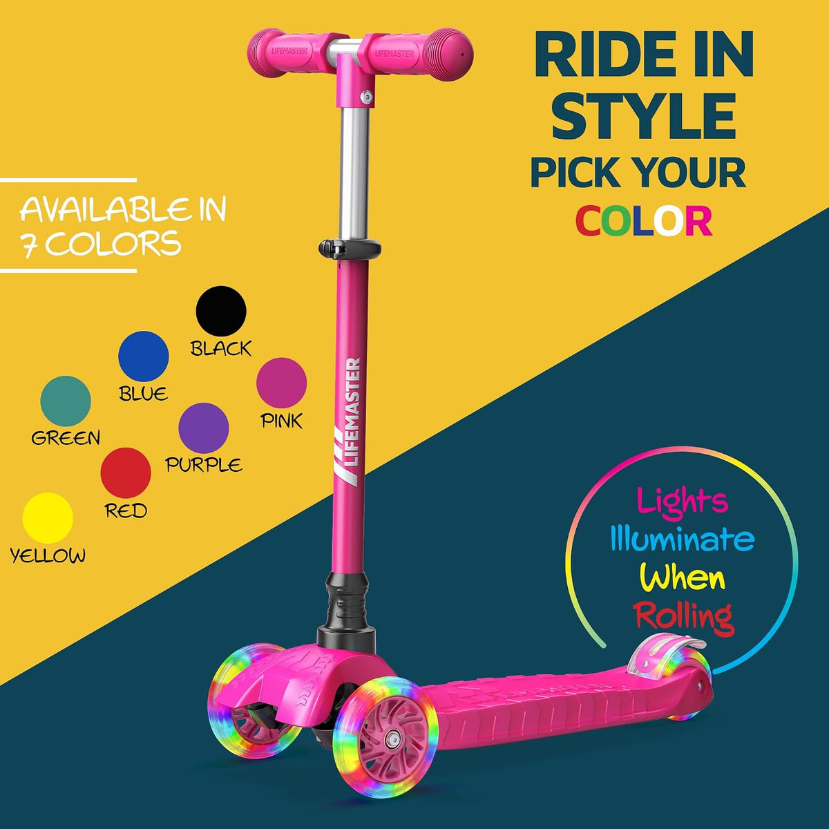Mini 3-Wheel Kids Scooter with Multi-Color Wheel Lights – 4-Height Adjustable Handlebar, Wide Anti-Slip Deck, Child Safety Certified, Boys & Girls Ages 2+ Supports Up to 110 lbs