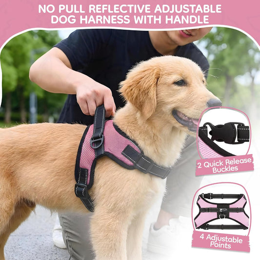 No Pull Reflective Adjustable Dog Harness with Handle- Comfortable Soft All Weather Mesh, Easy On Puppy Harness for Small Medium and Large Dogs (Pink) Small